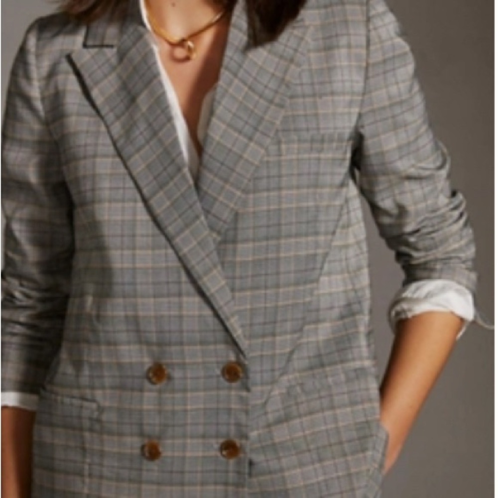 Anthropologie Gray Checkered Double-Breasted Blazer